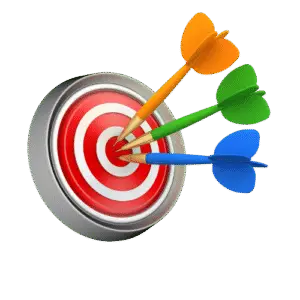 Red and white target with four colorful darts hitting the bullseye, symbolizing accuracy and goal achievement