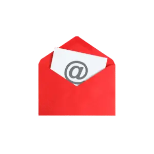 Red envelope with white card showing a gray at symbol, representing email communication