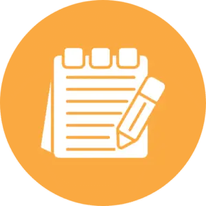 White notepad and pencil icon on an orange circular background, representing writing or note-taking