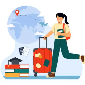 Student with suitcase, passport, and books walking toward a globe with airplane flight path, symbolizing studying abroad