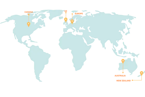 World map showing study abroad destinations in Europe, UK, Australia, New Zealand, and Canada
